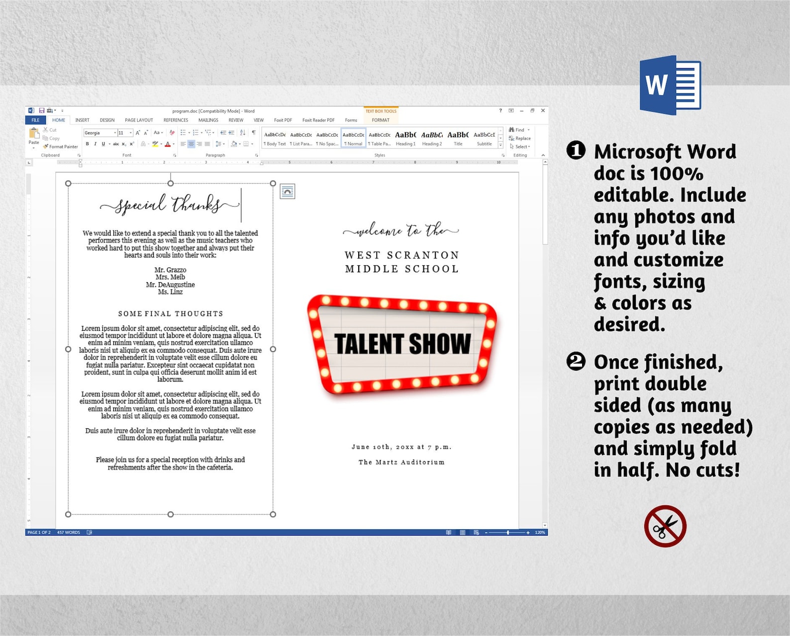 Talent Show Program Template, Printable Pamphlet, Editable Word Doc ...