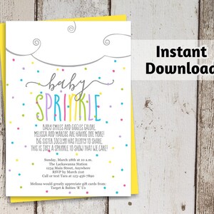 Sprinkle Baby Shower Invitation Template - Boy, Girl, Neutral - Printable Instant Download Digital File Easy PDF - Cloud & Rainbow Sprinkles