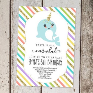 Printable Narwhal Invitation Template, Girls Birthday Party Invite, Narwhal Theme First / 1st Birthday, Instant Download Digital File PDF