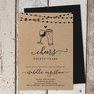 Modèle d'Invitation d'anniversaire Wine & Brews, Cheers Beers Party Invite Téléchargement instantané Fichier numérique Papier Kraft 30e 30 40e 40 50e 50 ans