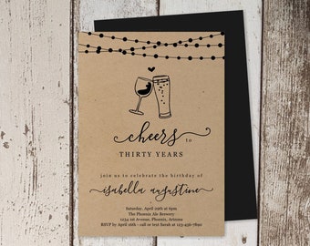 Wine & Brews Birthday Invitation Template, Cheers Beers Party Invite Instant Download Digital File Kraft Paper  30th 30 40th 40 50th 50 Year