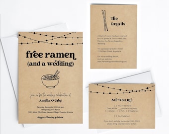 Funny Ramen Wedding Invitation Template, Free Ramen Fun Printable Invite Details RSVP Set, Kraft Paper Instant Download Digital Files Suite