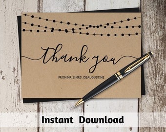 Printable Wedding Thank You Card Template - Rustic String Lights & Calligraphy on Kraft Paper | Editable DIY PDF Instant Download
