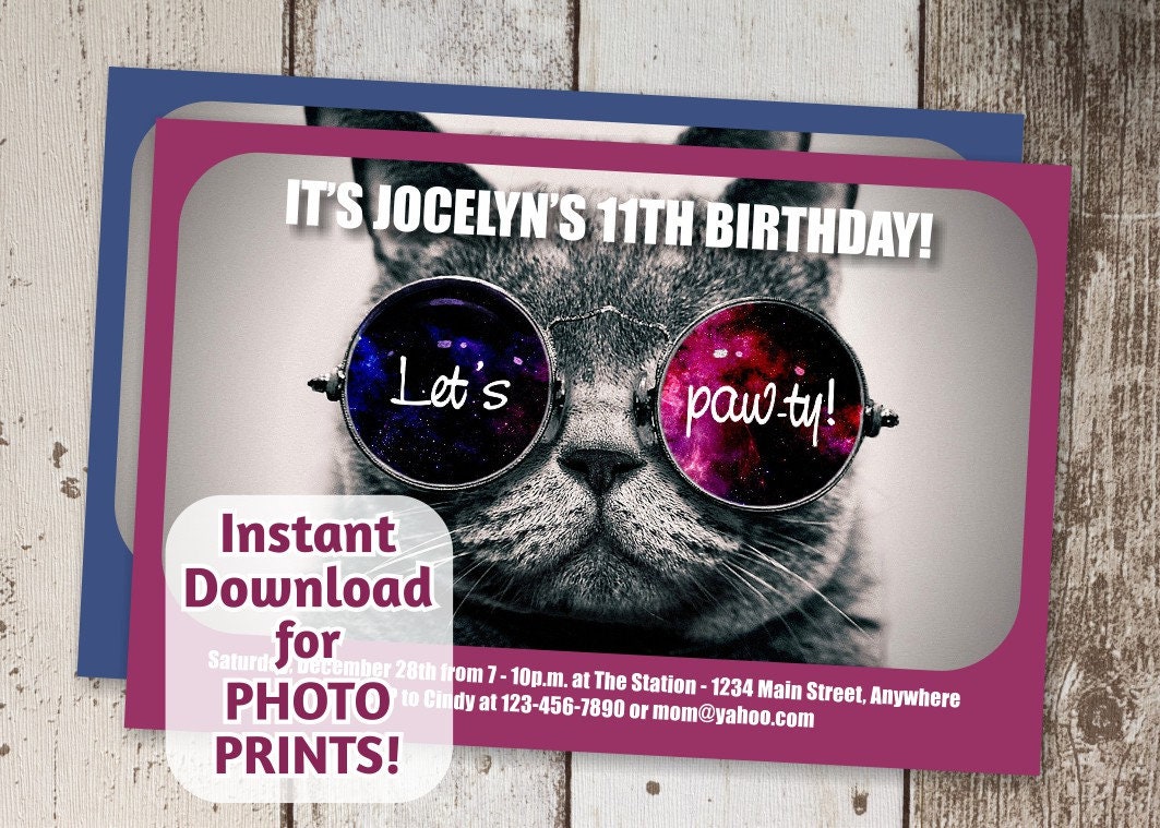 Cat Invitation Cool Cat Birthday Party Printable Kitty | Etsy