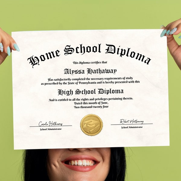 Homeschool Diploma with Gold Seal, Printable Home School High School Graduation Certificate Template, Editable Instant Download Digital File