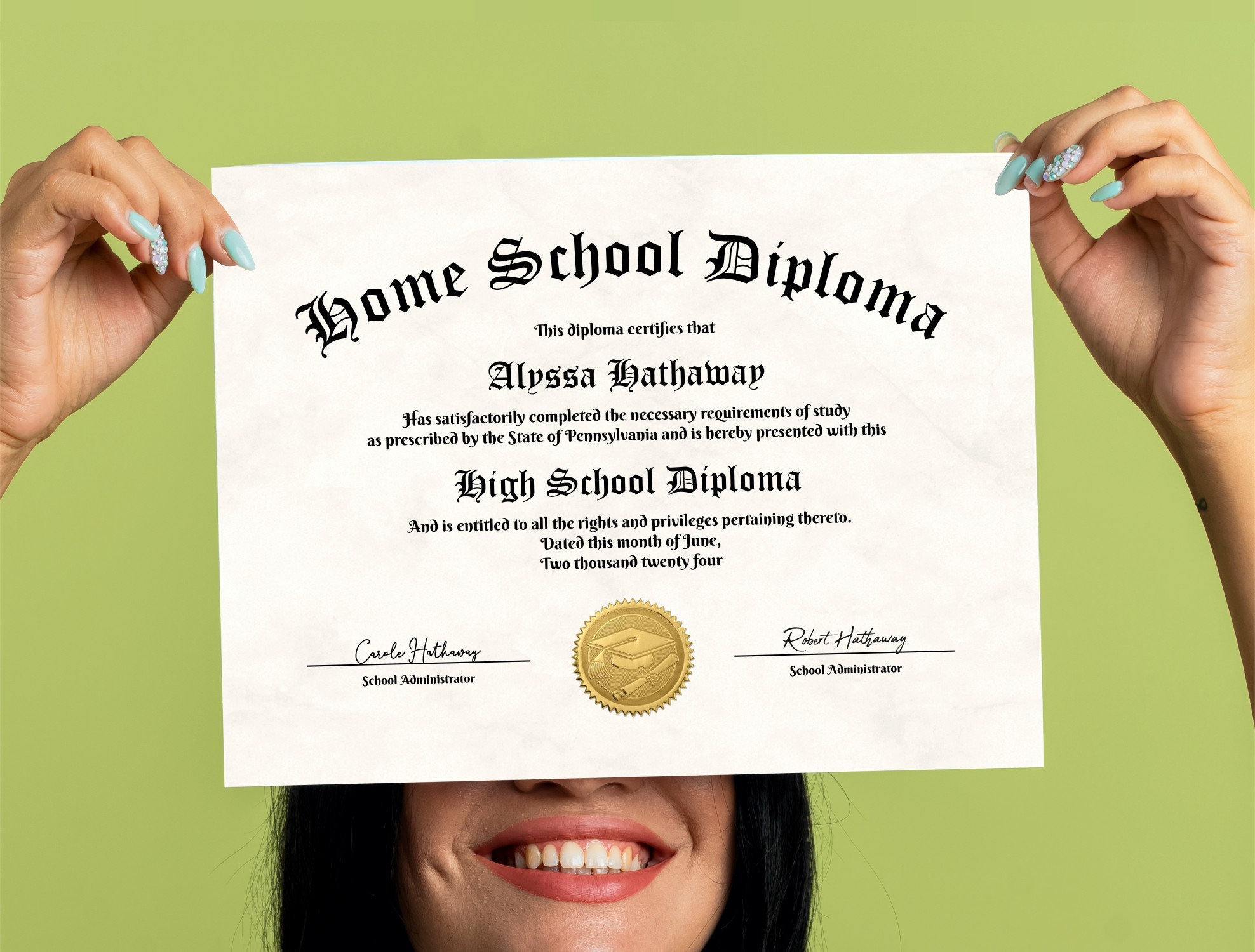 Homeschool Diploma with Gold Seal, Printable Home School High School Graduation Certificate