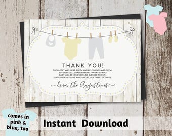 Printable Rustic Baby Shower Thank You Card Template - Gender Neutral, Boy, Girl - Instant Download Digital File PDF - yellow, pink, blue