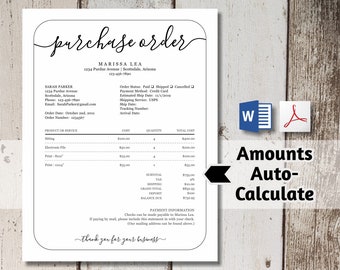 Printable Purchase Order Form Template - NO COLOR INK - Word, pdf Download -  Business, Photographer Photography Simple Customer Sales Form