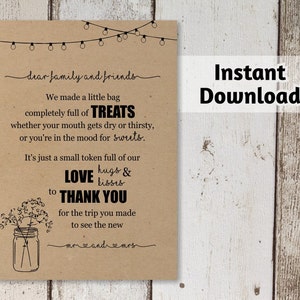 Plantilla imprimible de tarjeta de agradecimiento para invitados fuera de la ciudad - Tarro de masón rústico, luz de hadas y papel Kraft / Etiqueta de cesta Descarga instantánea de archivo digital