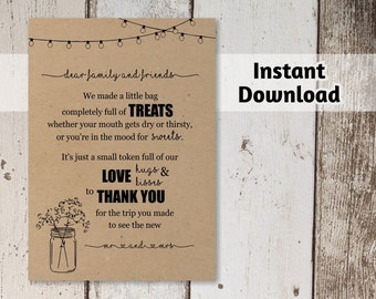 Printable Out of Town Guest Thank You Card Template - Rustic Mason Jar, Fairy light & Kraft Paper | Basket Tag Instant Download Digital File