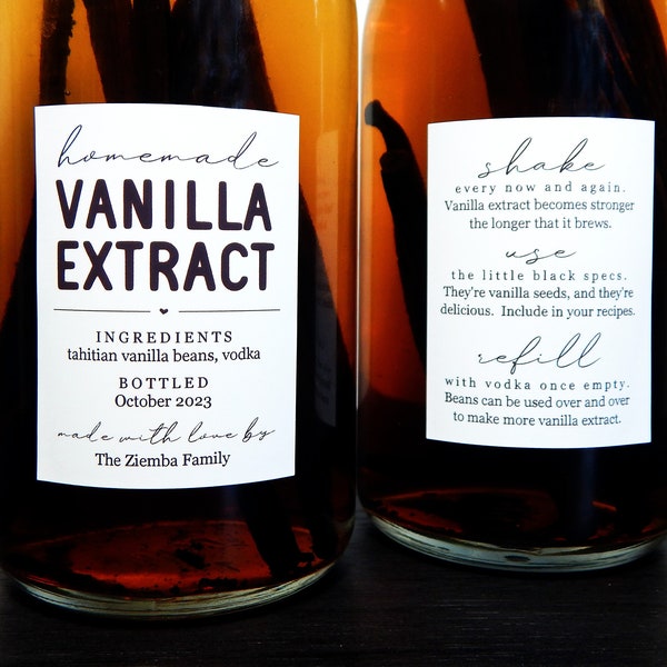 Homemade Vanilla Extract Labels with Instructions - Set of 18 Front and Back (36 in all) Personalized Gift Stickers - Water & Oil Resistant