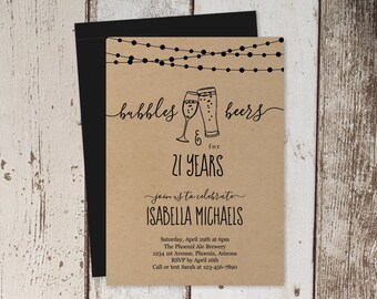 Bubbles & Beers 21st Birthday Invitation Template, Brewery Party Invite Instant Download Digital File, Kraft Paper, 21 30th 30 40th 40 Year