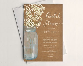 Rustic Bridal Shower Invitation Template - Printable Unique Floral Baby Breath Mason Jar Wedding Invite - Kraft Paper Instant Download File