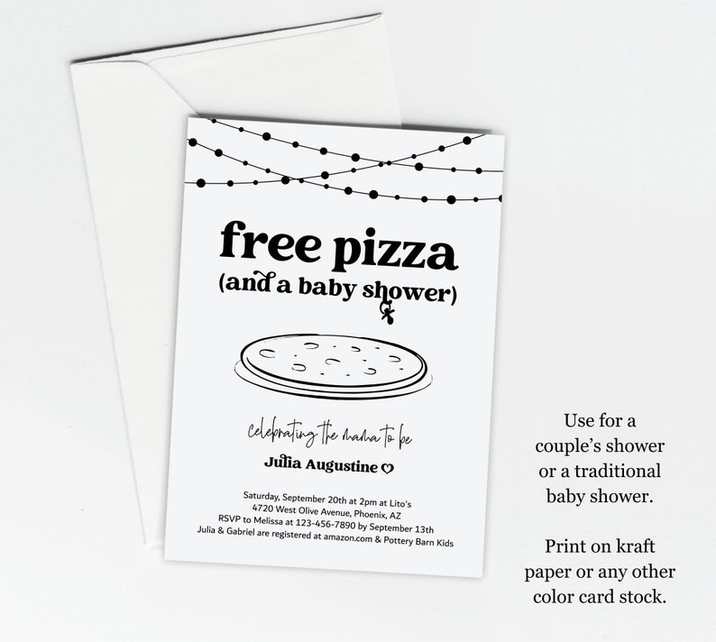 Może przedstawiać: Czarno-biała, drukowana zaproszenie na baby shower z tekstem "darmowa pizza (i baby shower)" i kreskową pizzą. Zaproszenie zawiera szczeg&oacute;ły dotyczące baby shower dla Julii Augustine.