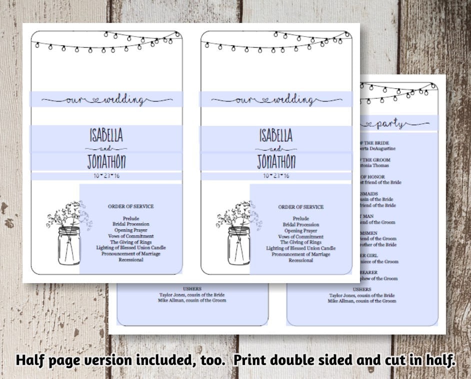 Printable Wedding Program Fan Template Rustic Mason Jar, Fairy Light