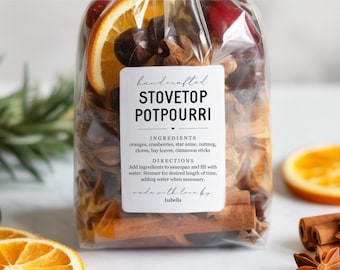 Homemade Stovetop Potpourri Labels - Set of 15 Personalized Gift Stickers with Ingredients and Instructions, Water & Oil Resistant