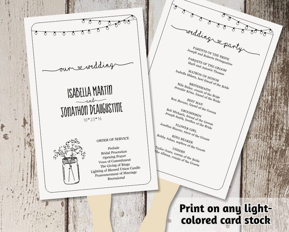 Printable Wedding Program Fan Template Rustic Mason Jar, Fairy Light