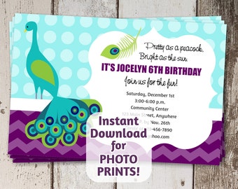 Adorable Poem for Peacock Invitation for Shower & Birthday - Instant digital download - Use invite for photo prints or card stock