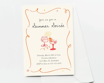 Summer Soirée Invitation Template, Editable Summer Party Hand Drawn Drink Cocktail Doodles, Printable & Evite, Instant Download Digital File