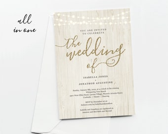 All in One Wedding Invitation w- RSVP and Registry, Printable Seal & Send Template, Simple Invite, Rustic Wood Lights, Download Digital File