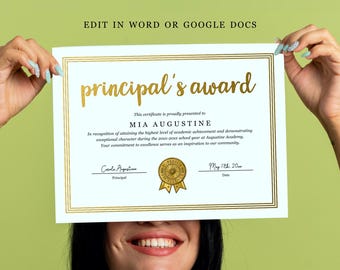 Principal’s Award Certificate Template, Academic Achievement, Microsoft Word & Google Docs, Homeschool Elementary High School Download