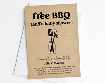 Funny BBQ Couples Baby Shower Invitation Template, Printable Fun Gender Neutral Boy Girl Free Barbeque Invite Evite, Kraft Download Digital