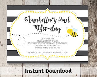 Bee Invitation Download - Printable Bee Day Invitation - Bee First Birthday Party Template - 1st - Instant Digital File Editable PDF