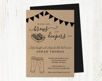 Wings and Brews Diapers Too Invitation Template, Printable Daddy Guy Men Baby Shower Party Invite Evite Instant Download Digital File PDF