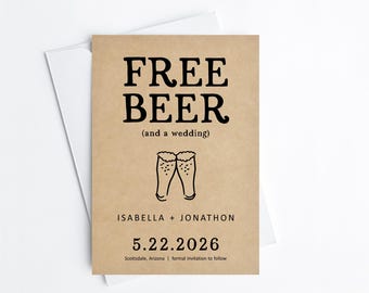 Free Beer Funny Save the Date Card, Printable Invitation Template, Brewery Wedding, Kraft Paper, Editable Instant Download Digital File