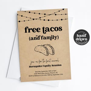 May include: A brown paper invitation with black text and a hand-drawn illustration of two tacos. The text reads "free tacos (and family)" and "join us for the first annual Hernandez Family Reunion". The invitation includes the date, time, location, and RSVP information.