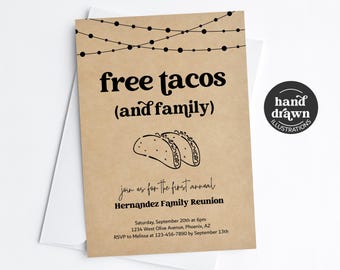 Funny Taco Family Reunion Invitation Template, Printable Fun Free Taco Fiesta Invite Evite, Kraft Download Digital File