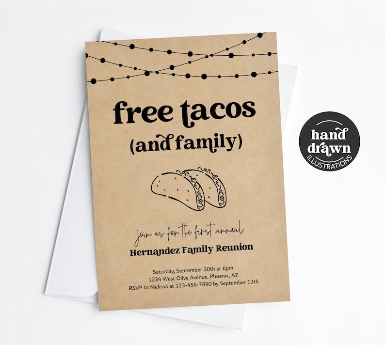 May include: A brown paper invitation with black text and a hand-drawn illustration of two tacos. The text reads "free tacos (and family)" and "join us for the first annual Hernandez Family Reunion". The invitation includes the date, time, location, and RSVP information.