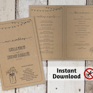 Modelo de programa de casamento - Programa de cerimônia para impressão - Frasco de vidro rústico, luzes, respiração de bebê - PDF editável Download instantâneo Livreto dobrado