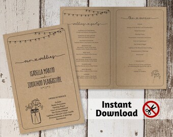 Wedding Program Template - Printable Ceremony Program - Rustic Mason Jar, Lights, Baby Breath - Editable PDF Instant Download Folded Booklet