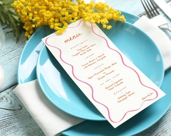 Curvy Wedding Menu, Colorful, Slim, Hand Drawn Reception Dinner Menu, Printable Editable Template, Download File
