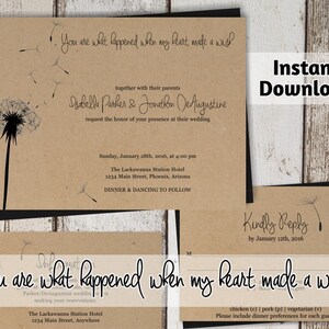 Modello di invito a nozze - Desideri di tarassaco / Set stampabile rustico - Carta Kraft / Suite di download immediato di PDF facilmente modificabile / Citazione d'amore