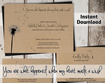 Wedding Invitation Template - Dandelion Wishes | Rustic Printable Set - Kraft Paper | Easy Editable PDF Instant Download Suite | Love Quote