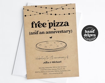 Funny Free Pizza Wedding Anniversary Party Invitation Template, Printable Pizza Party Evite Download 5th 10th 15th 20th 25th 30th 40th 50th