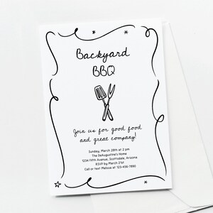 May include: A white invitation card with black text and illustrations for a Backyard BBQ. The card includes the text "Backyard BBQ", an illustration of a spatula and fork, and event details. The card is accompanied by a white envelope.