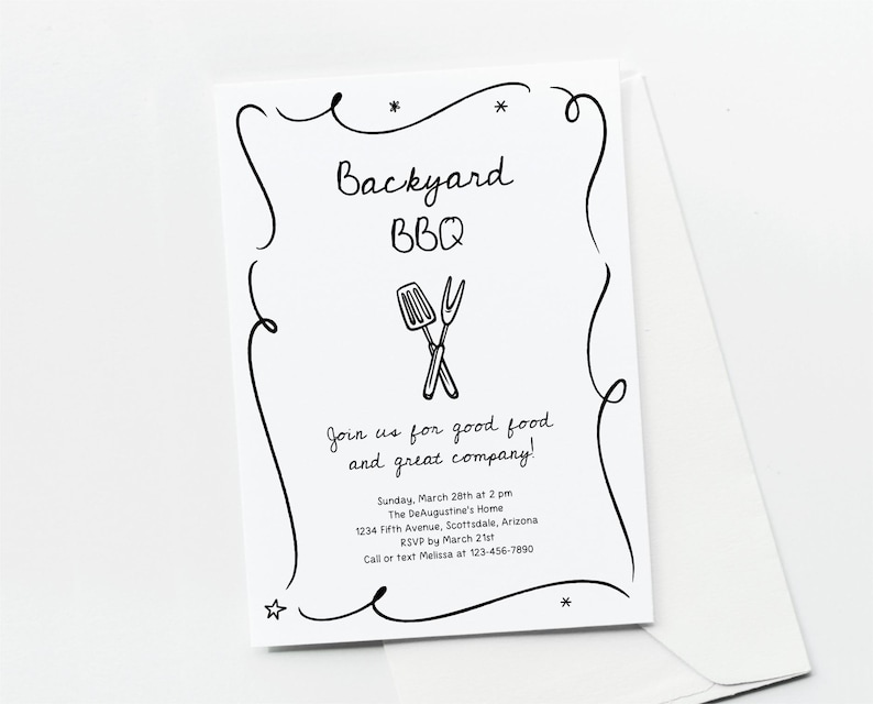 May include: A white invitation card with black text and illustrations for a Backyard BBQ. The card includes the text "Backyard BBQ", an illustration of a spatula and fork, and event details. The card is accompanied by a white envelope.