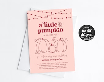 Girls Pumpkin Baby Shower Invitation Template, Printable Fall Autumn Pink A Little Pumpkin Hand Drawn Invite Evite Digital Download