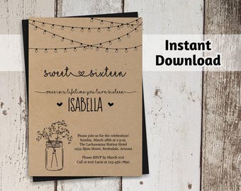 Printable Sweet 16 Invitation Template - Rustic Sweet Sixteen Mason Jar, Fairy Lights, Kraft Paper - Instant Download PDF File - Printed