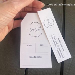 Etiqueta de preço feita à mão para crochê em malha macramê com tempo para fazer e cartão de instruções de cuidados bônus, para impressão, adicione logotipo, arquivo para download instantâneo