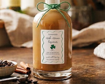 Plantilla de etiqueta para crema irlandesa, pegatina imprimible para botella de licor casero, edita la plantilla en Canva.