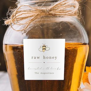 Honey Label Template, Printable Hand Drawn Bee Backyard Beekeeper Gift Canning Jar Bottle Square Sticker, Editable Download Digital File PDF