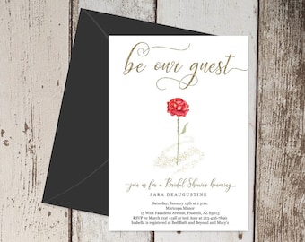 Beauty & the Beast Bridal Shower Invitation Template - Printable Fairytale Invite, Red Rose, Gold, Wedding Instant Download Digital File PDF