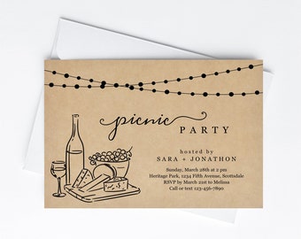 Picnic Invitation Template, Rustic Wine Tasting Picnic in the Park Party for Friends, Invite & Evite Instant Download Digital File Backyard