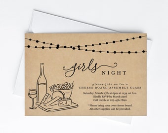 Girls' Night Invitation Template, Rustic Wine Tasting and Cheese Board Party Kraft Paper, Invite & Evite Instant Download Digital File