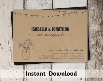 Engagement Party Invitation - Printable Template - Rustic Mason Jar, Fairy Lights, Kraft Paper | Instant Download 4x6, 5x7 Digital File PDF