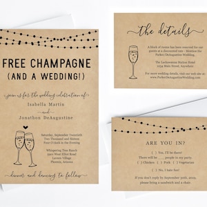 Modelo de convite de casamento engraçado - conjunto divertido para impressão com champanhe grátis - papel Kraft rústico, download instantâneo de arquivo digital suíte PDF, luzes